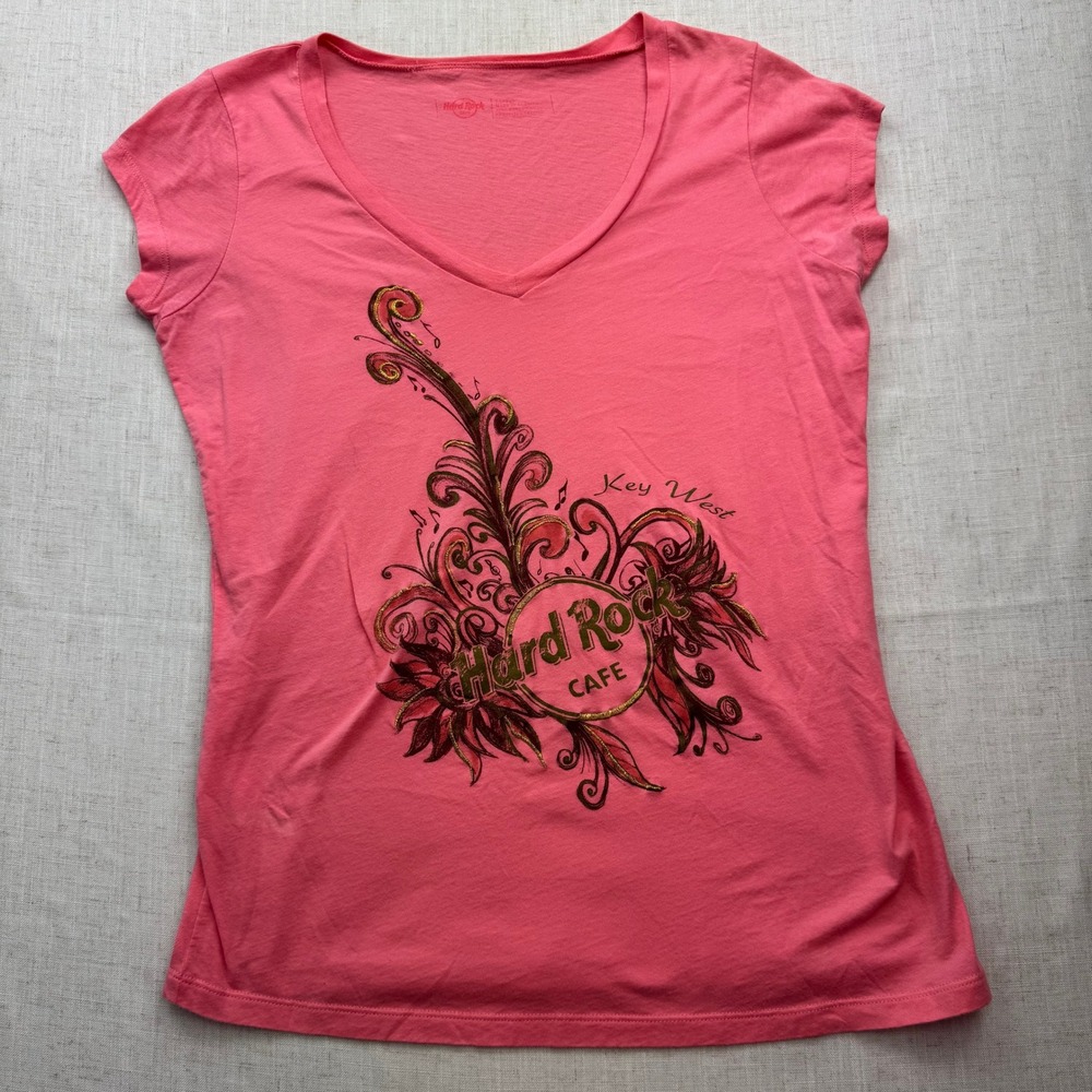 Hard Rock Cafe Key West Pink Coral V-Neck Graphic T-Shirt XL Gold Embroidery